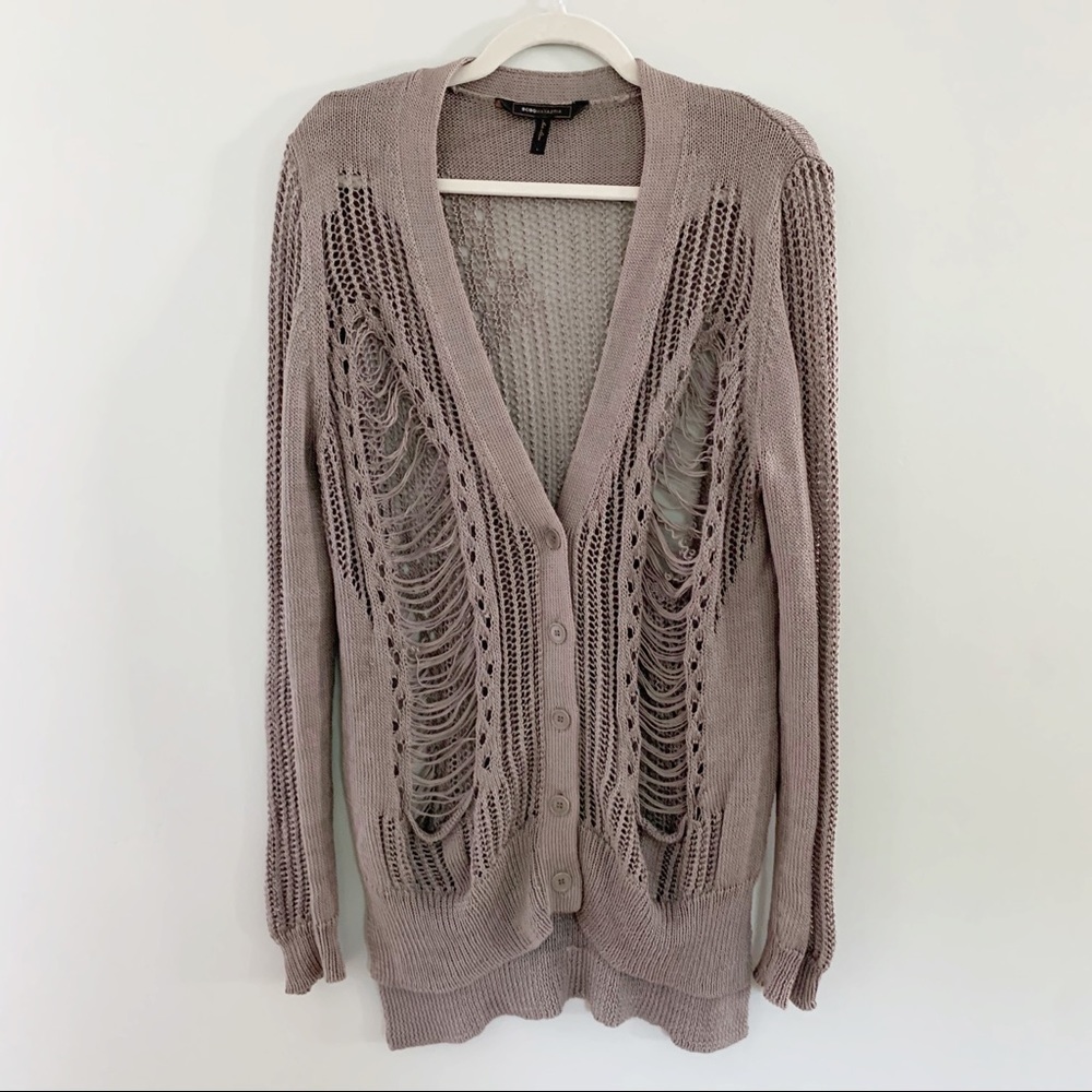 BCBGMaxAzria Distressed Open Knit Cardigan in Dusty Mauve